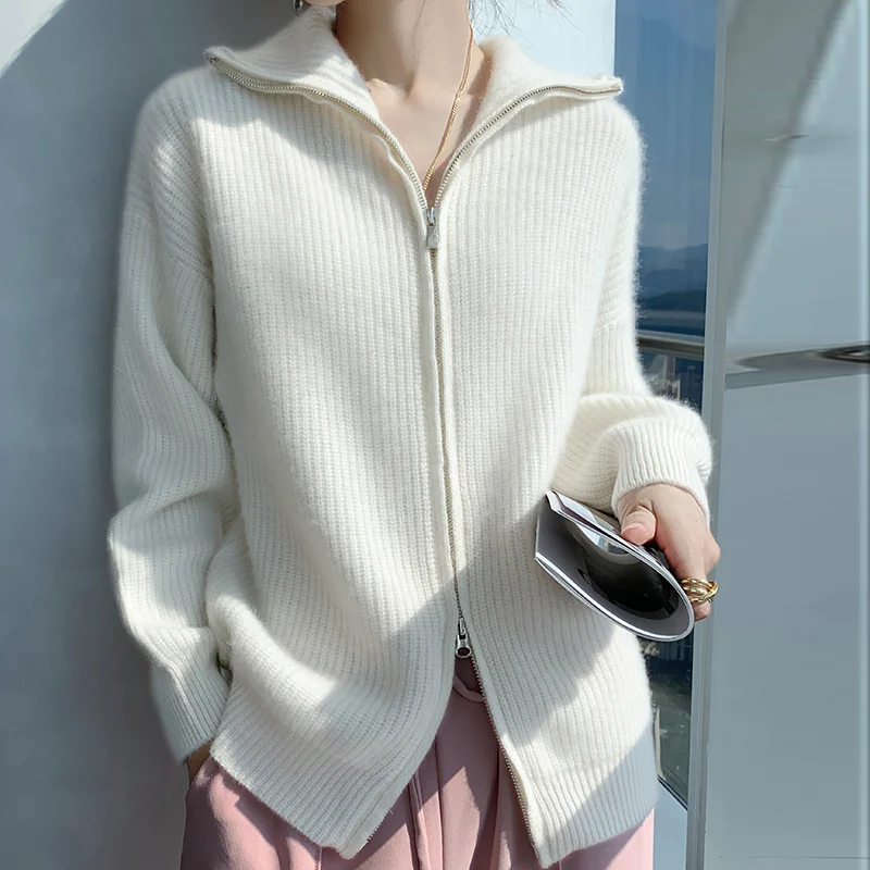 Autumn and Winter New Women's Cardigan Polo 100% Beautiful Nuo Wool Sweater Loose and Comfortable Knitted Full Sleeve Coat Top