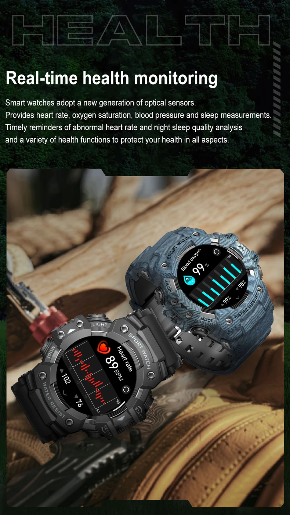Neue Militär-Sport-Smartwatch für Herren, 100+ Sportarten, Outdoor-Fitness, Kompass, Herzfrequenz, BT-Anruf, wasserdichte Smartwatch für iOS und Android – Detail 9