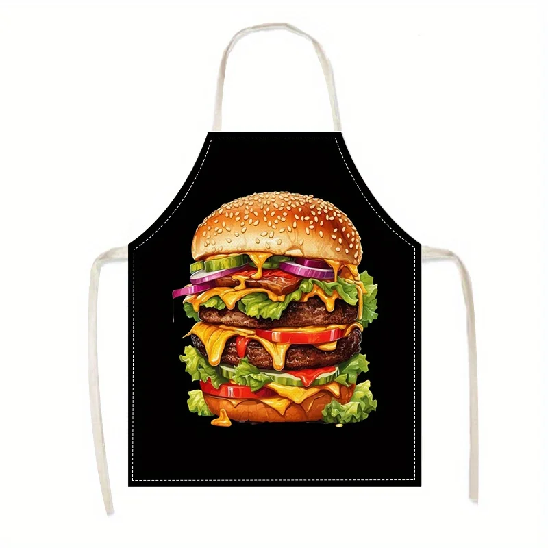 

1pc, Linen 100% 170g/m² Woven Kitchen Apron, Unisex Burger-Themed Design, All-Season Home Cooking Apron, Practical Use