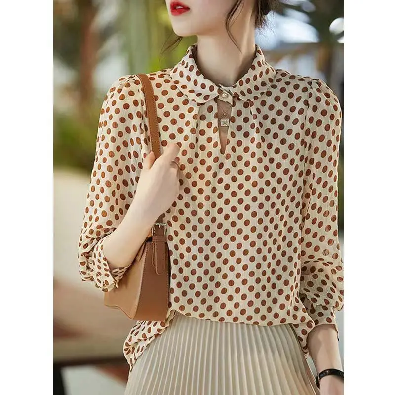 Women Korean Fashion Polka Dot Print Blouse Spring Autumn Beaded Hollow Elegant Chic Shirts Long Sleeve Loose Tops Blusas Mujer