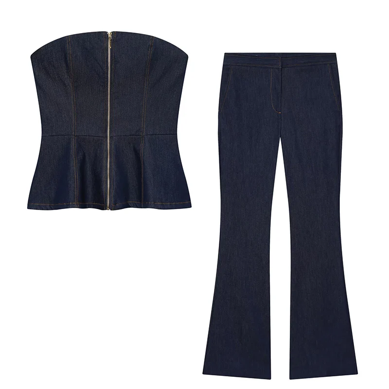 

Шикарные модные комплекты из 2 предметов для женщин, летний джинсовый корсет без рукавов с открытой спиной, топ + повседневные брюки со средней талией, комплект женской одежды
