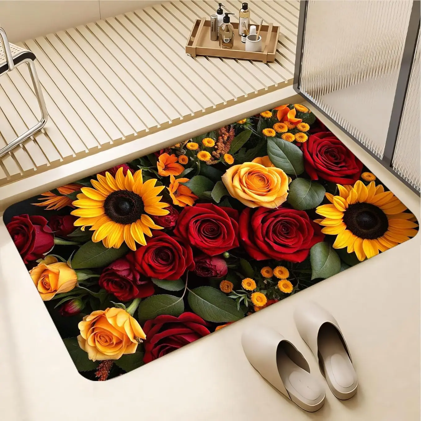 Sunflowers & Roses Area Rug-Washable Flannel Carpet with Non-Slip Backing, Vibrant Floral Rug for Living Room Bedroom Home Decor