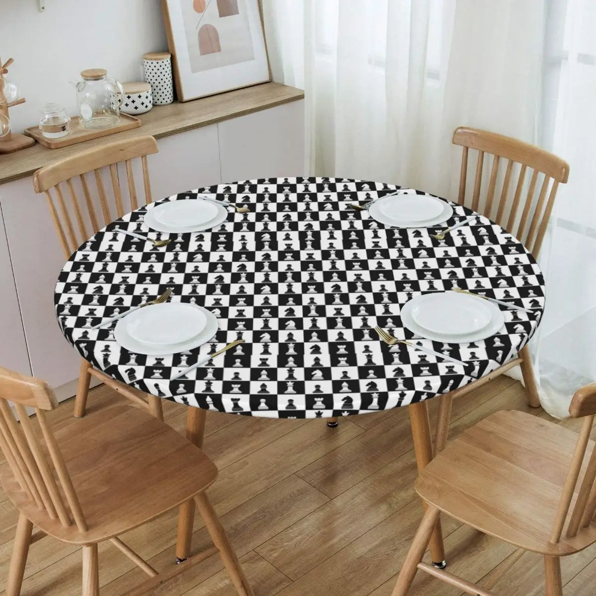 Black And White Chess Board Pattern Waterproof Round Tablecloth Oilproof Table Cloth for Kitchen Events Dining Table Cover