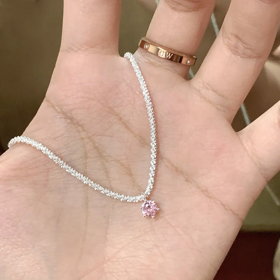 Nuova collana con stella del cielo scintillante in argento Sterling 925 per le donne gioielli con catena a catena con ciondolo a forma di diamante rosa