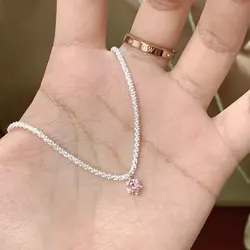 New 925 Sterling Silver Sparkling Sky Star Necklace for Women Pink Diamond Pendant Collar Chain Neckchain Jewelry