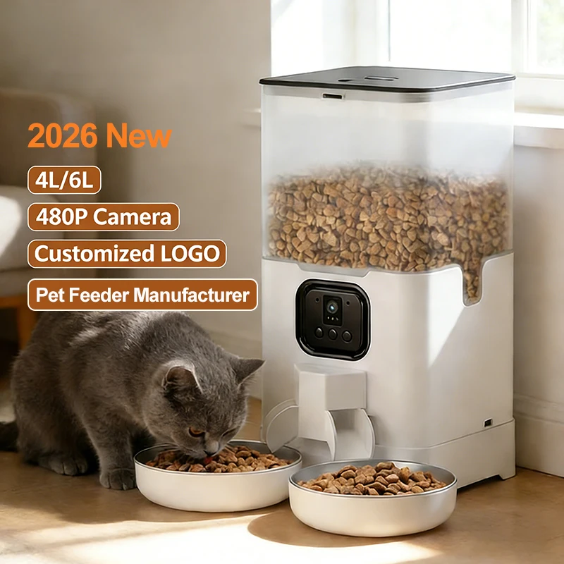 

2026 NEW 4/6L Automatic Pet Feeder With Camera Dual Bowls 480P Camera Smart Dog Feeder With TUYA APP Pet Feeder Manufacturer