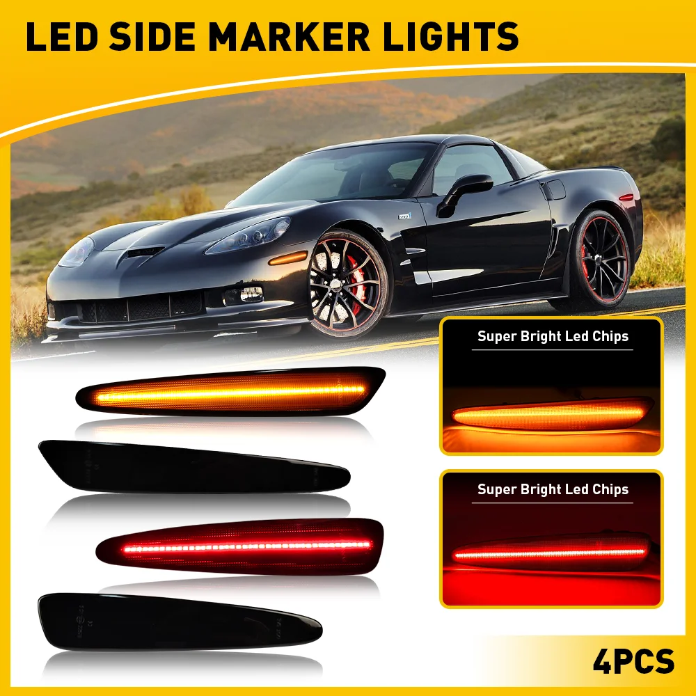 

4Pcs LED Side Marker Turn Signal Light Red Yellow Smoked Running Light Position Lamp For Chevy Corvette C6 2005-2013 Accessories