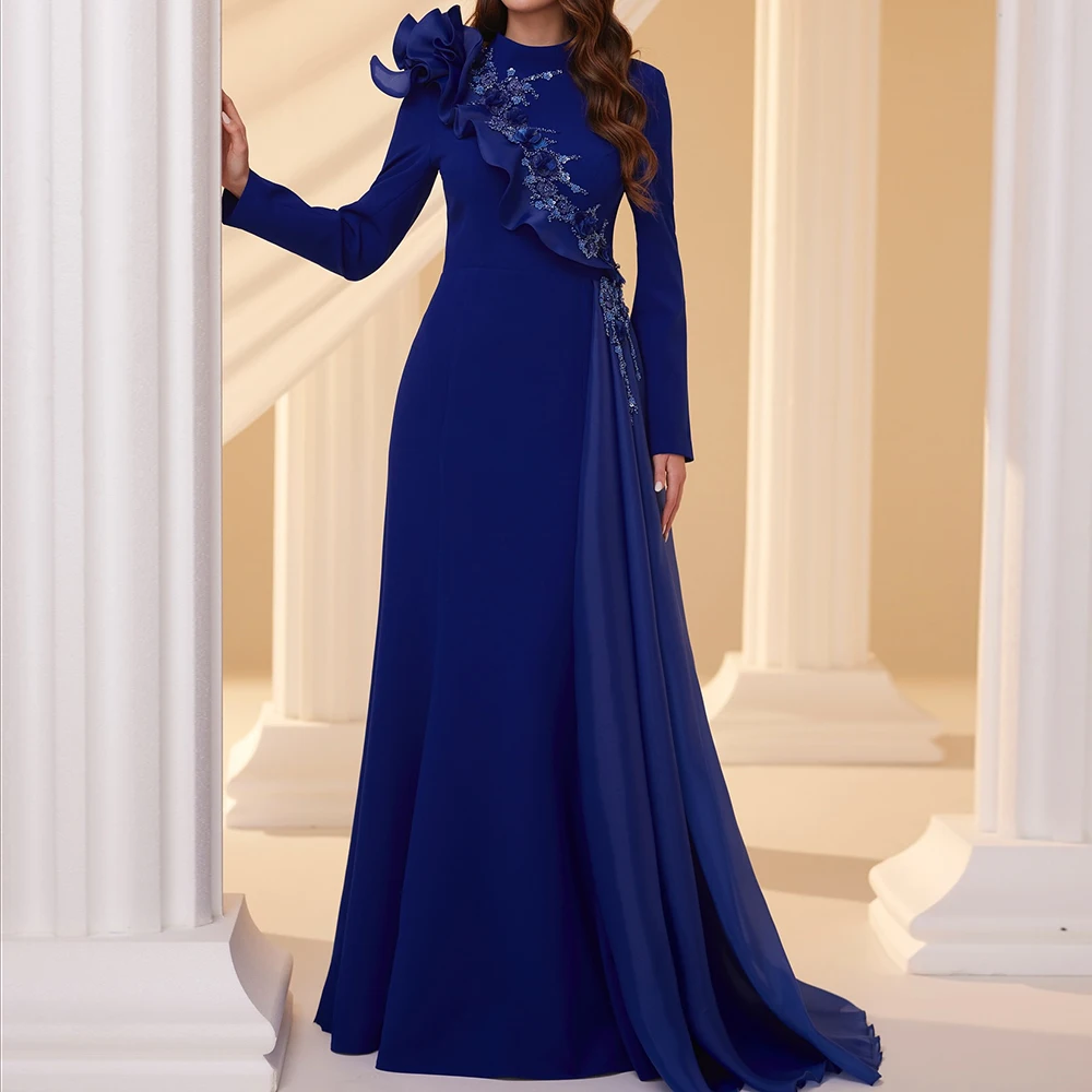 

Customized A-line Evening Dresses Floor-length High-neck Full Sleeve Prom Gown Fashion Flowers Sequined Simple Draped Party Gown
