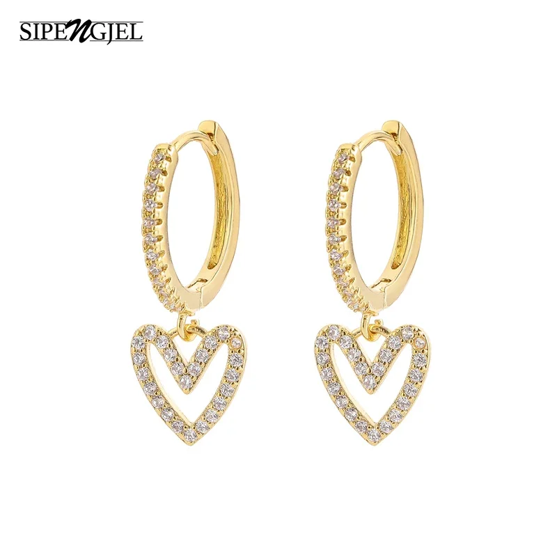 SIPENGJEL Pave Zircon Heart Gold Hoop Earrings For Women Geometry Heart Love Dangle Drop Earrings Accessories Jewelry