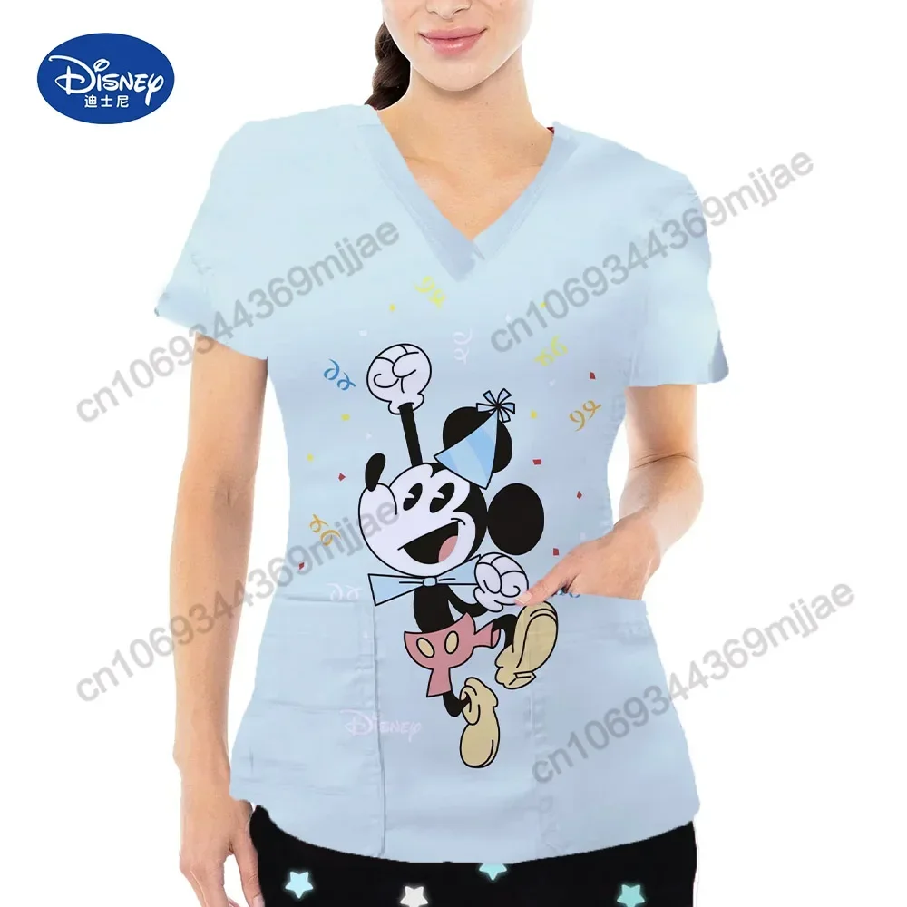 

2024 Popular Pretty Disney Printed Pattern V-neck Double Pocket Nurse uniform Comfortable and Casual Y2k style Women's T-shirt