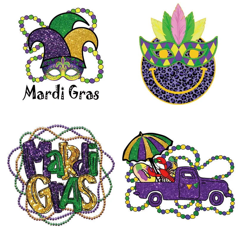 Mardi Gras engomar desenhos animados adesivos, DIY roupas e roupas, grande porte, transferência de calor, 4