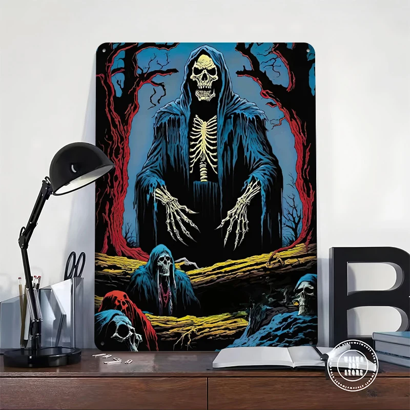 Grim Reaper and Skeletons in a Dark Forest Tinplate Poster Customized Wall Art Retro Vintage Metal Signs for Fans Office Decor