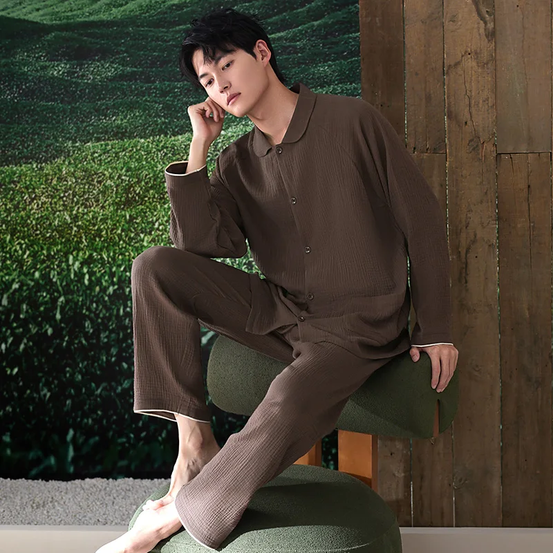 New Cardigan Full Pure Cotton Mens Autumn Long Sleeve Long Pants Pajama Set Sleepwear Leisure Suits Nightwear Men Pijamas Hombre