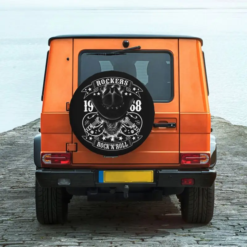 Rockabilly Skull 1968 Rockers Rock N Roll Guitars Spare Wheel Cover for Mitsubishi Pajero 4x4 SUV Custom Tire Protector