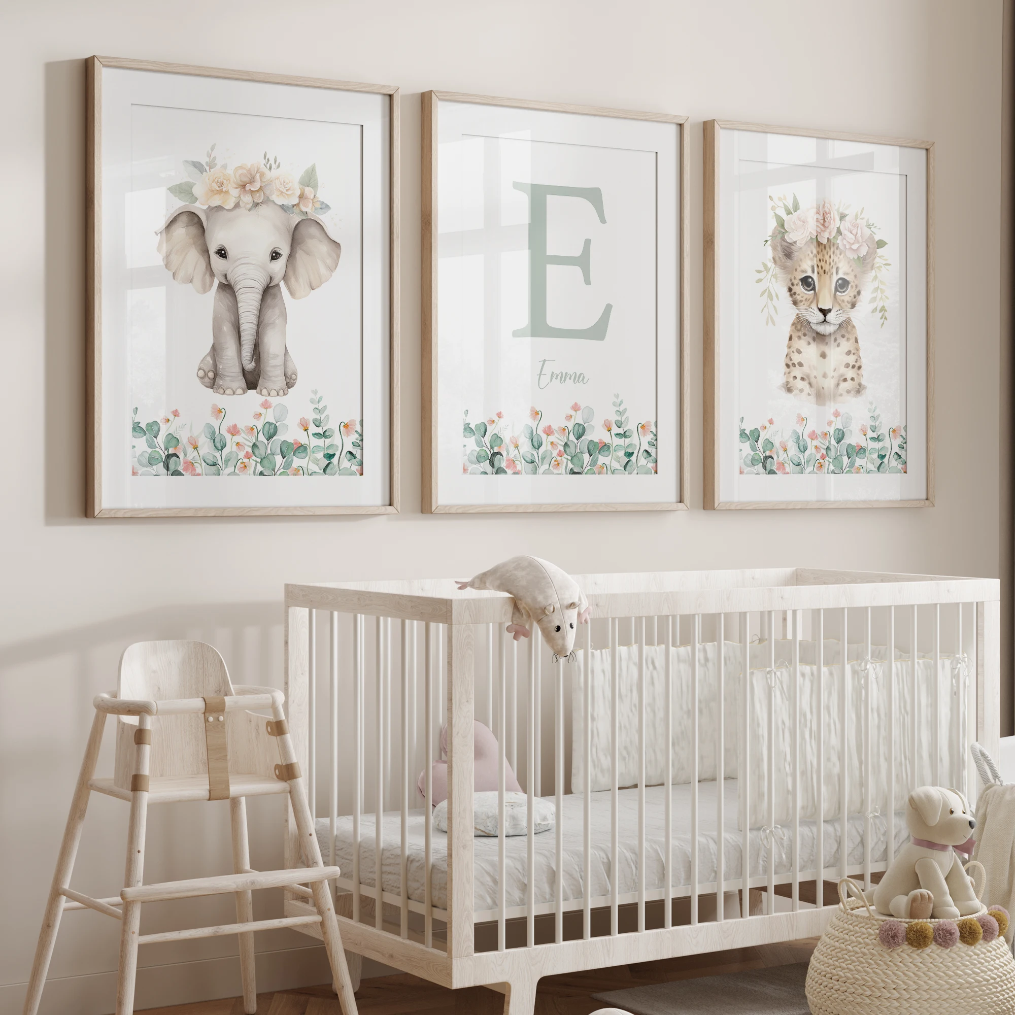 3 uds. Nombre personalizado animales tropicales elefante, regalo de leopardo arte de pared imagen impresa sala de estar decoración del hogar de la habitación de los niños