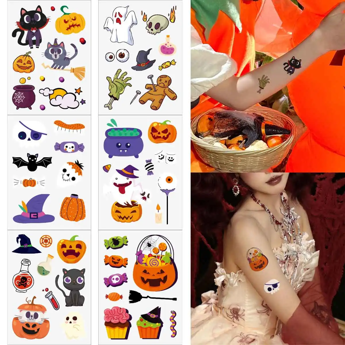 

6pcs Halloween Pumpkin Gingerbread Man Temporary Tattoo Stickers Bat Candy Ghost Fake Tattoos Stickers Funny Party Decor