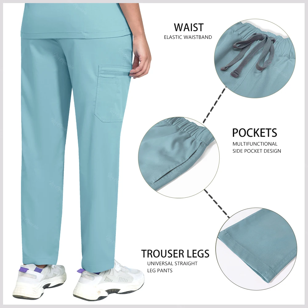 고급 신축성 허리밴드 병원 바지 간호사 스크럽 바지 애완동물 미용 작업 바지 드로스트링 스트레이트 레그 치과 수술 바지