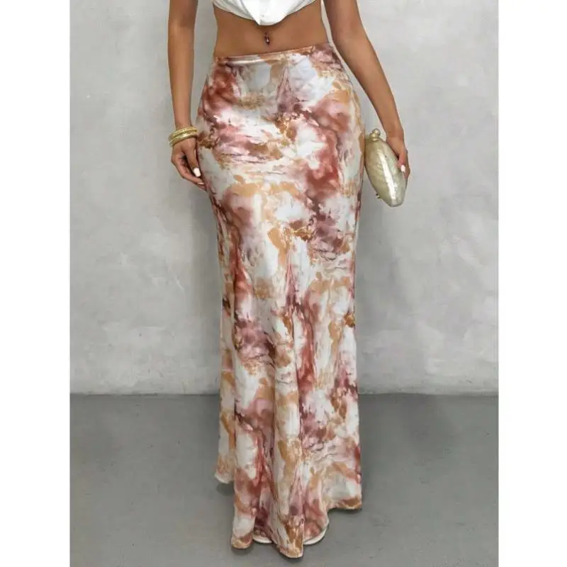 Ele Una línea de falda midi con estampado completo transfronterizo nuevo modelo Vintage Sle Ciwalk pantalones de nueve piezas Micro poliéster elástico