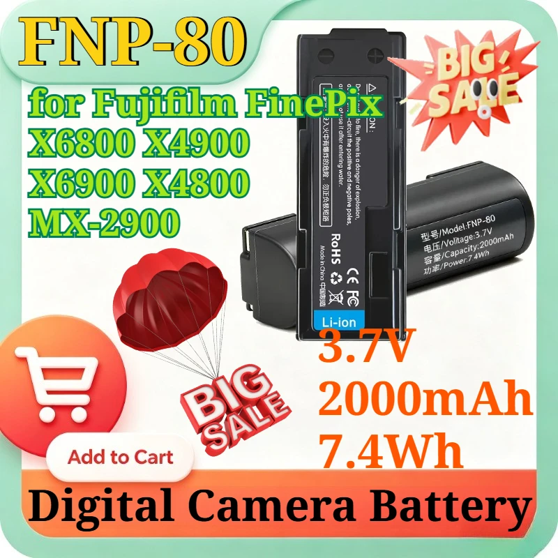FNP-80 3.7V 2000mAh 7.4Wh Replacement Li-ion Battery for Fujifilm FinePix X6800 X4900 X6900 X4800 MX-2900 Digital Camera Battery