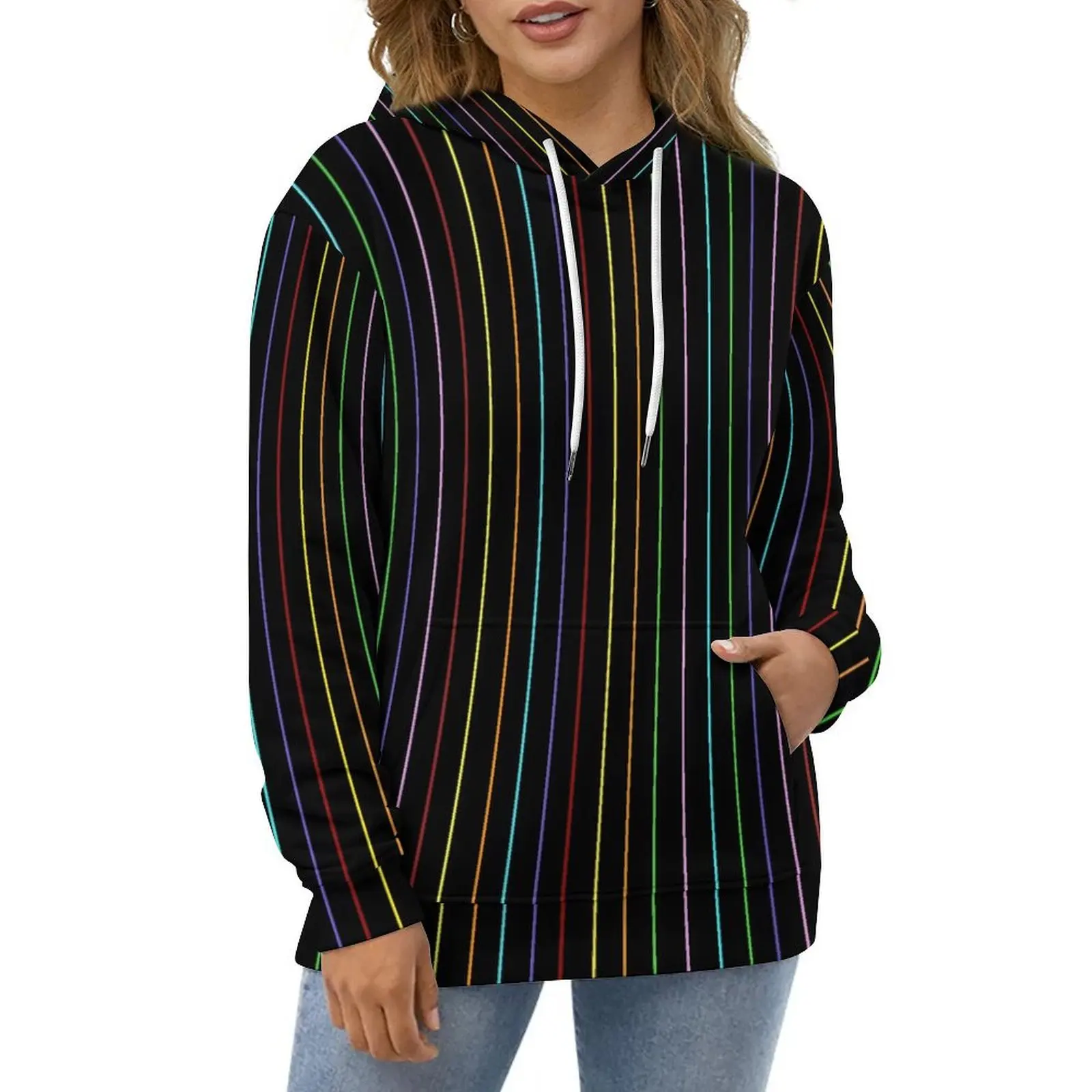 Rainbow Striped Hoodies Long Sleeve Colorful Lines Trendy Casual Hoodie Autumn Street Wear Oversized Loose Hooded Sweatshirts