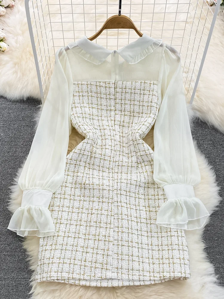 Korean Fashion Women Woolen Tweed Dress Autumn Winter Plaid Tweed Patchwork Chiffon Long Sleeve A Line Elegant Short Dress