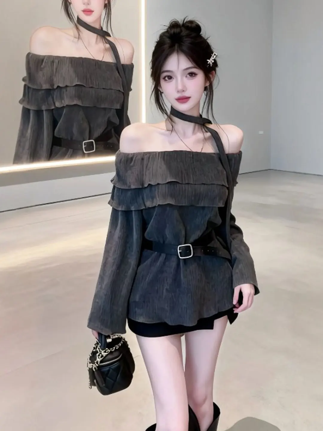 

Модный женский топ Laid-ba Sle с красивой кружевной отделкой на одно плечо, свободного кроя, с длинным рукавом, весна 2026