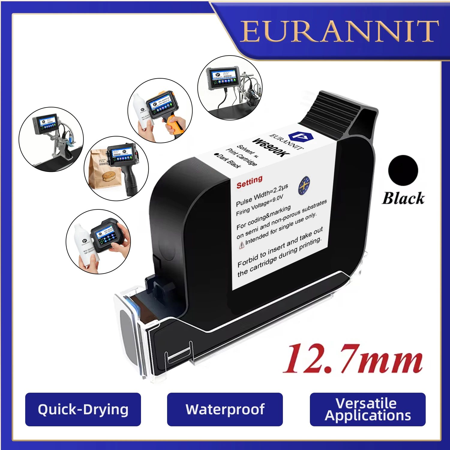 

EURANNIT 12.7mm Black 42ML 5PCS W6900K Ink Cartridge Fast Drying Solvent Ink Waterproof Inkjet Printer for Plastic Wood Metal