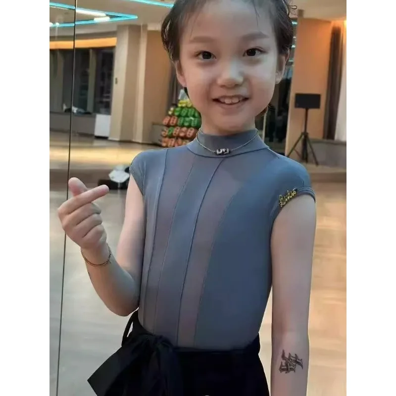 맞춤형 어린이 라틴 댄스복 소년용 메쉬 민소매 상의와 바지 연습복