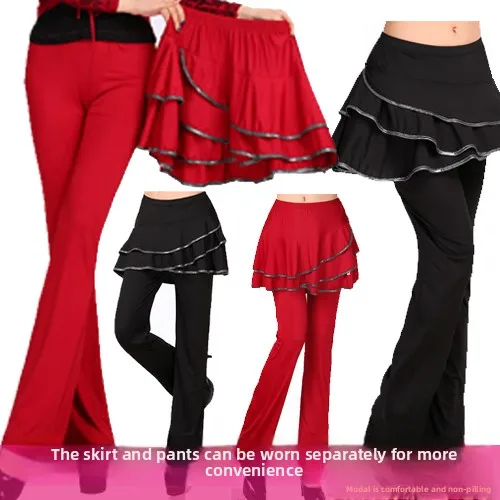 

Новая танцевальная одежда из модала, брюки для фитнеса, расклешенные ноги с высокой талией для квадратных танцев, женские длинные брюки, отдельные брюки-юбка