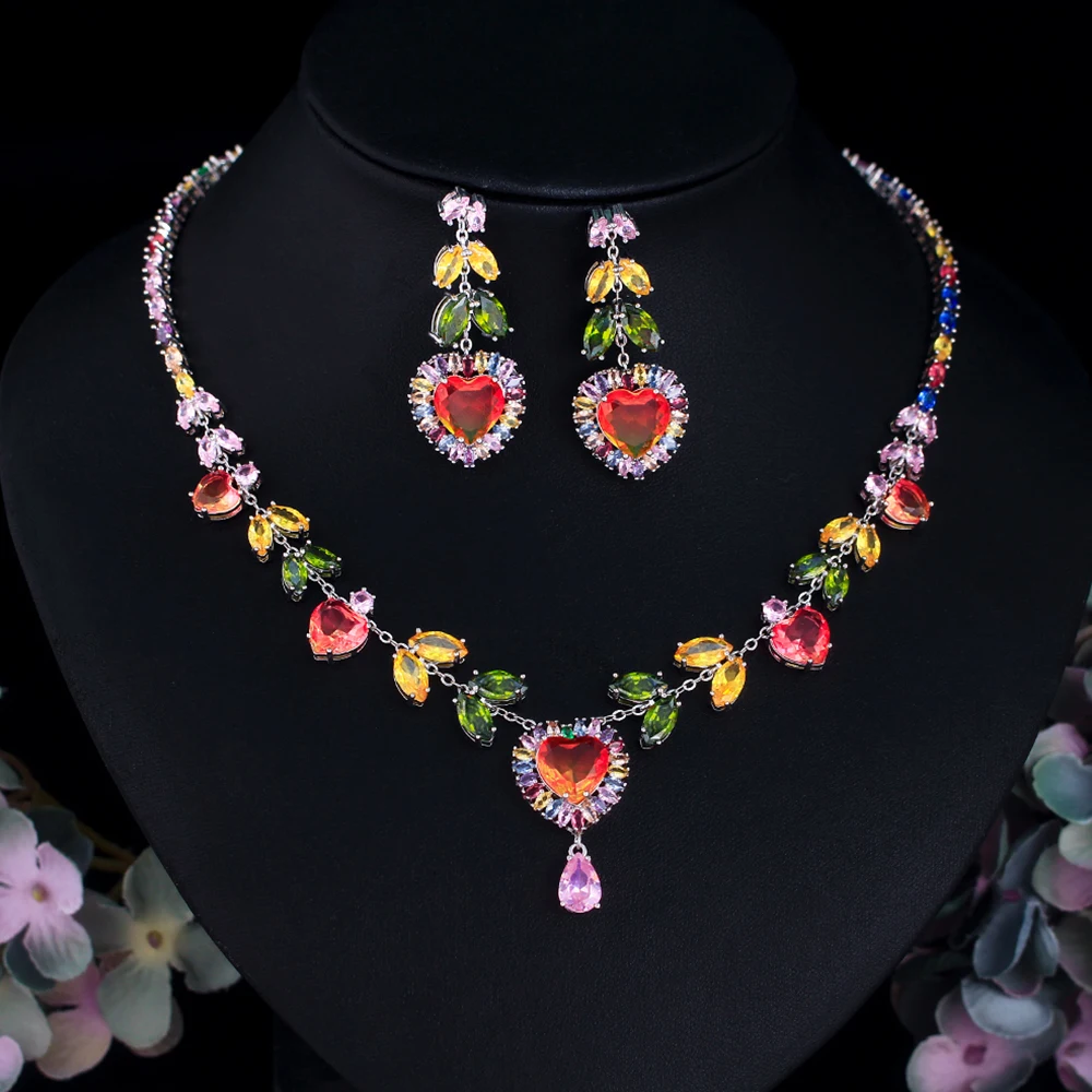

CWWZircons романтический разноцветный кубический цирконий в стиле бохо в форме сердца ожерелье серьги комплект для женщин обручальные свадебные украшения T0954