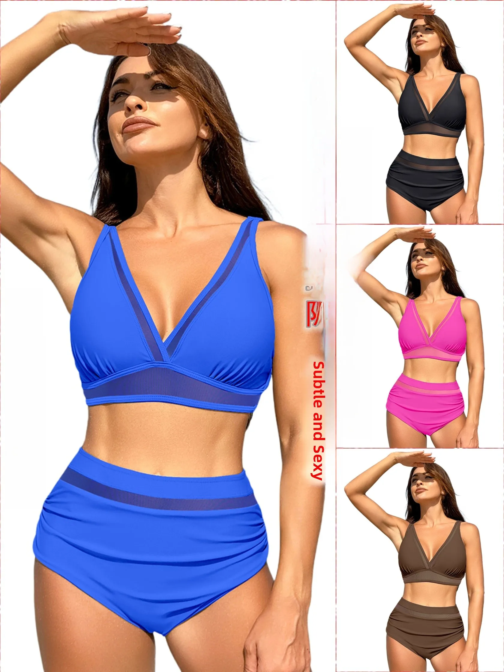 

Sexy Triangular Bikini Swimsuit Women's Split Net High Waist Butt Covering Chest Pad Cross-Border Swimwear Polyester Nylon Lycra