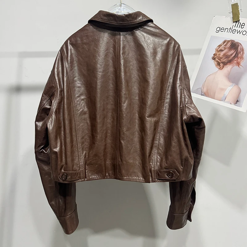 秋冬ショート本革ジャケット輸入オイルワックスシープスキンファッションチャケータムヘールブラック/ブラウンルーズカジュアルトップコート