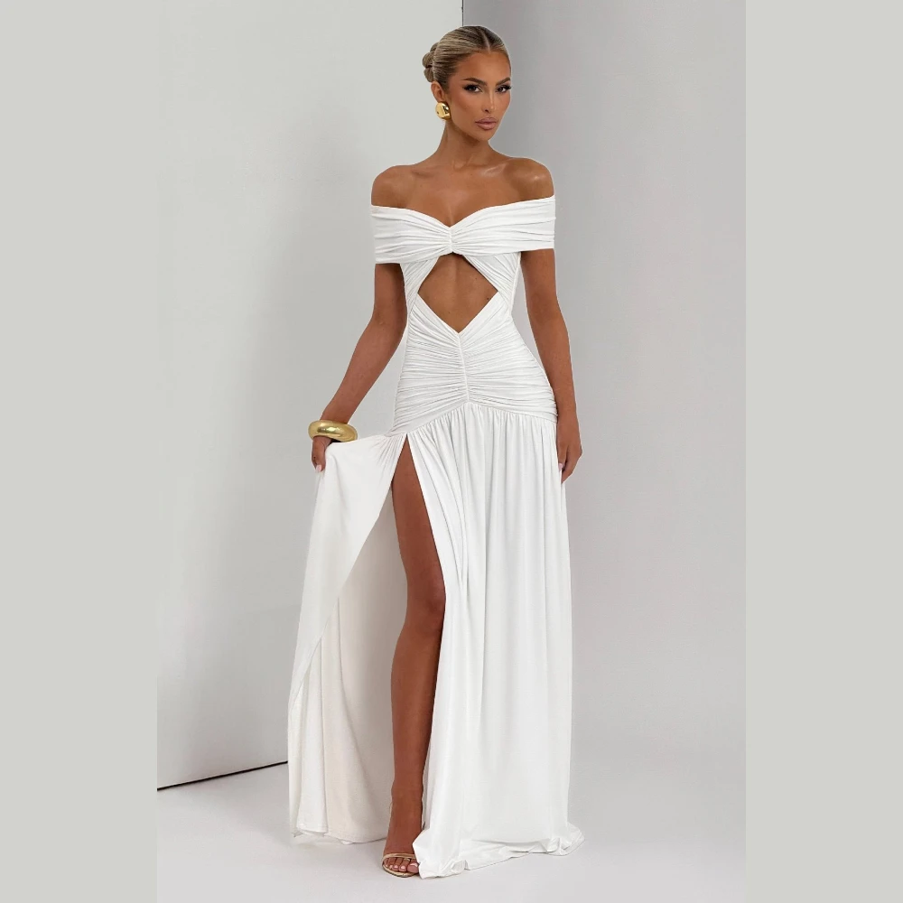 Off-the-shoulder Evening Gown Women Cutout Ruched High Slit Maxi Length Slim Fit Sheath Dress Flattering Elegant Sexy For Party