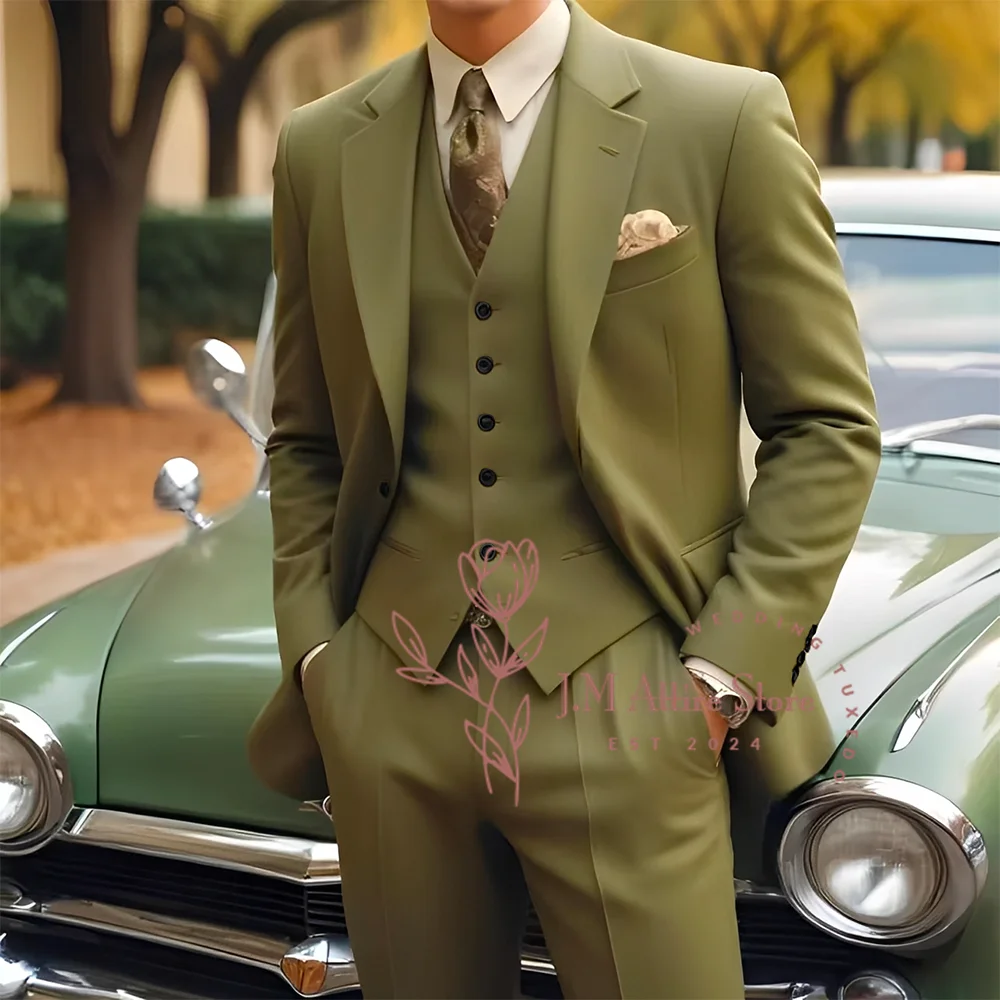 Herren-Hochzeitsanzug, 3-teiliges Set, armeegrüne Jacke, Weste, Hose, individuelle Slim-Fit-Kleidung für die tägliche formelle Event-Cocktail-Abschlussball-Party