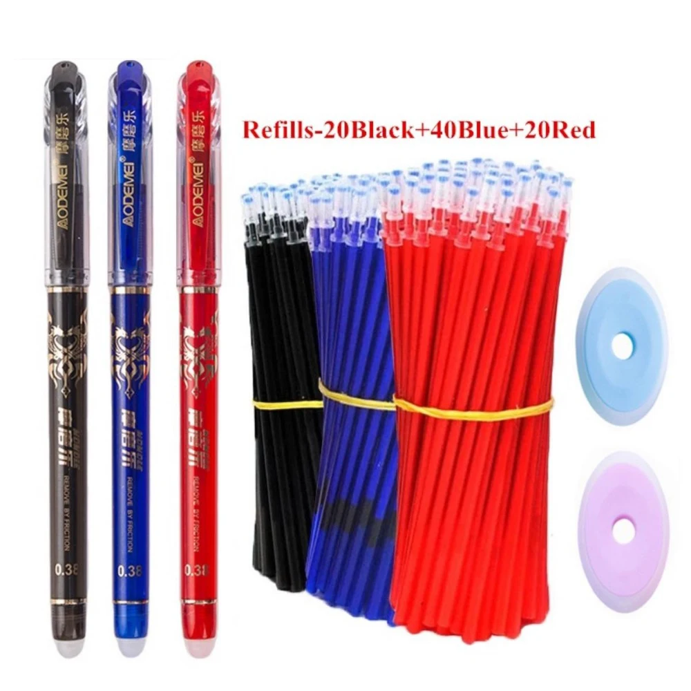 

3 ручки + 80 стержней + 2 набора ластиков, стираемая гелевая ручка 0,38 мм, синяя, черная, красная, канцелярские принадлежности для студентов, школьные канцелярские принадлежности