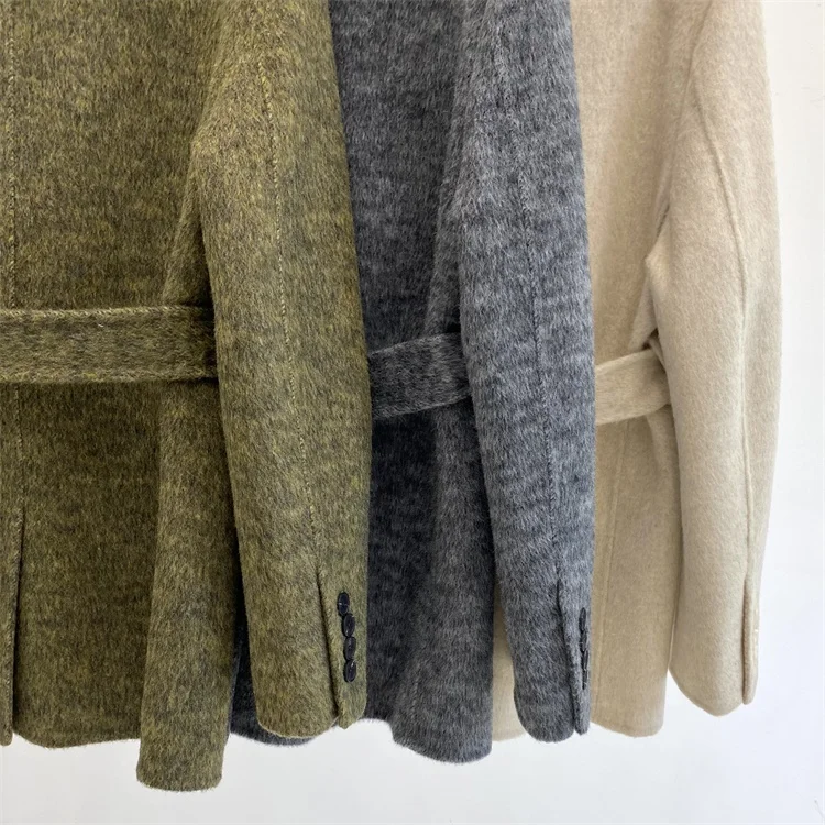 Dwustronny kaszmirowy płaszcz damski Krótki garnitur Płaszcze z wełny alpaki Zimowe damskie koreańskie płaszcze wełniane jednorzędowe z paskiem