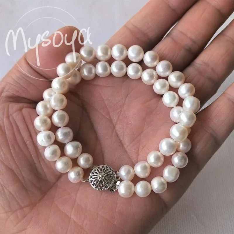 

MYSOYA White Freshwater Pearl Double-layer Bracelet 7-8mm With Gift Box For Her/Him Birthday/Wedding/Christmas/New Year Gifts