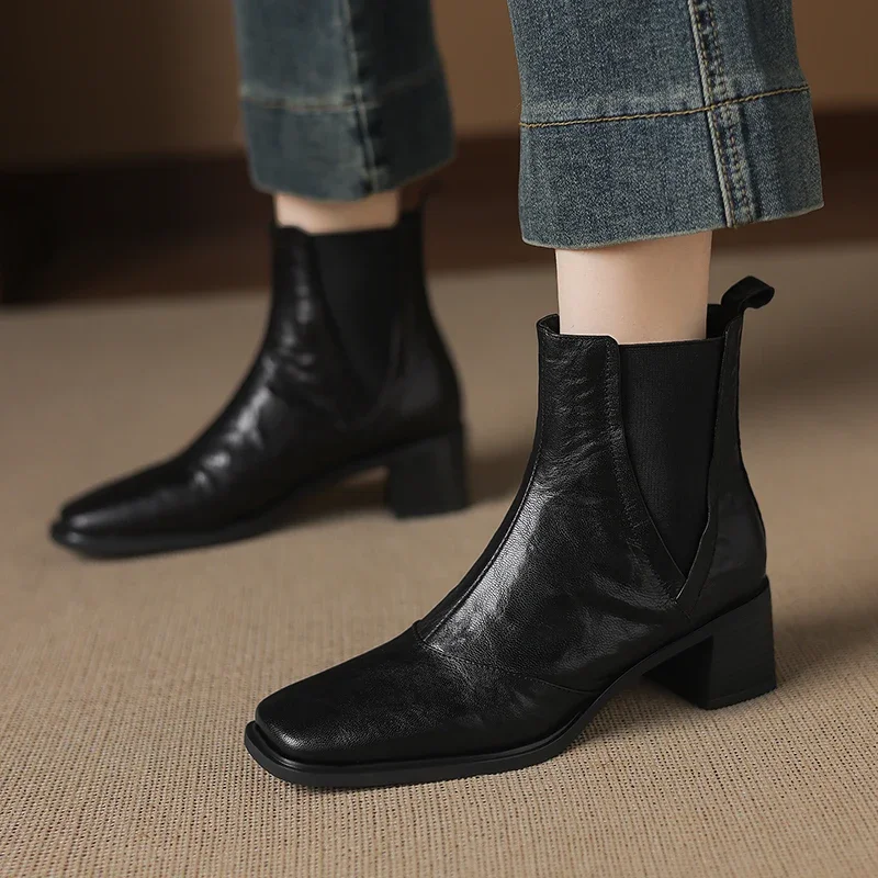 2026 new autumn winter women ankle boots natural leather plus size 22-26cm sheepskin square toe thick heel chelsea boots fashion