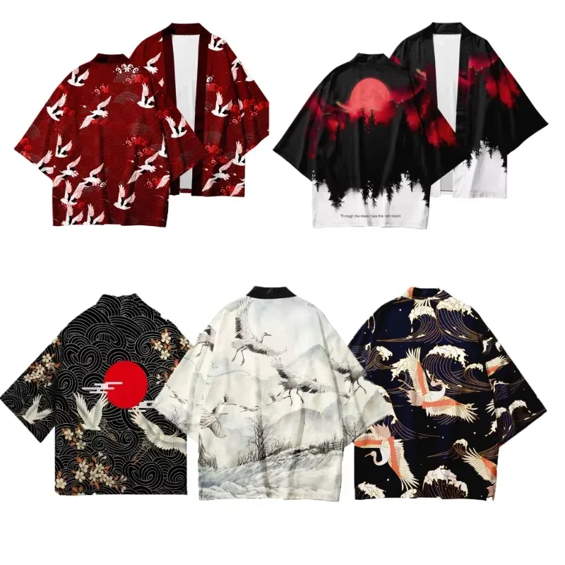 Fashion New Unisex Flying Crane Wave Haori Kimono Cardigan 1/2 Sleeve Open Yukata Vintage Traditional Chinese Streetwear Tops