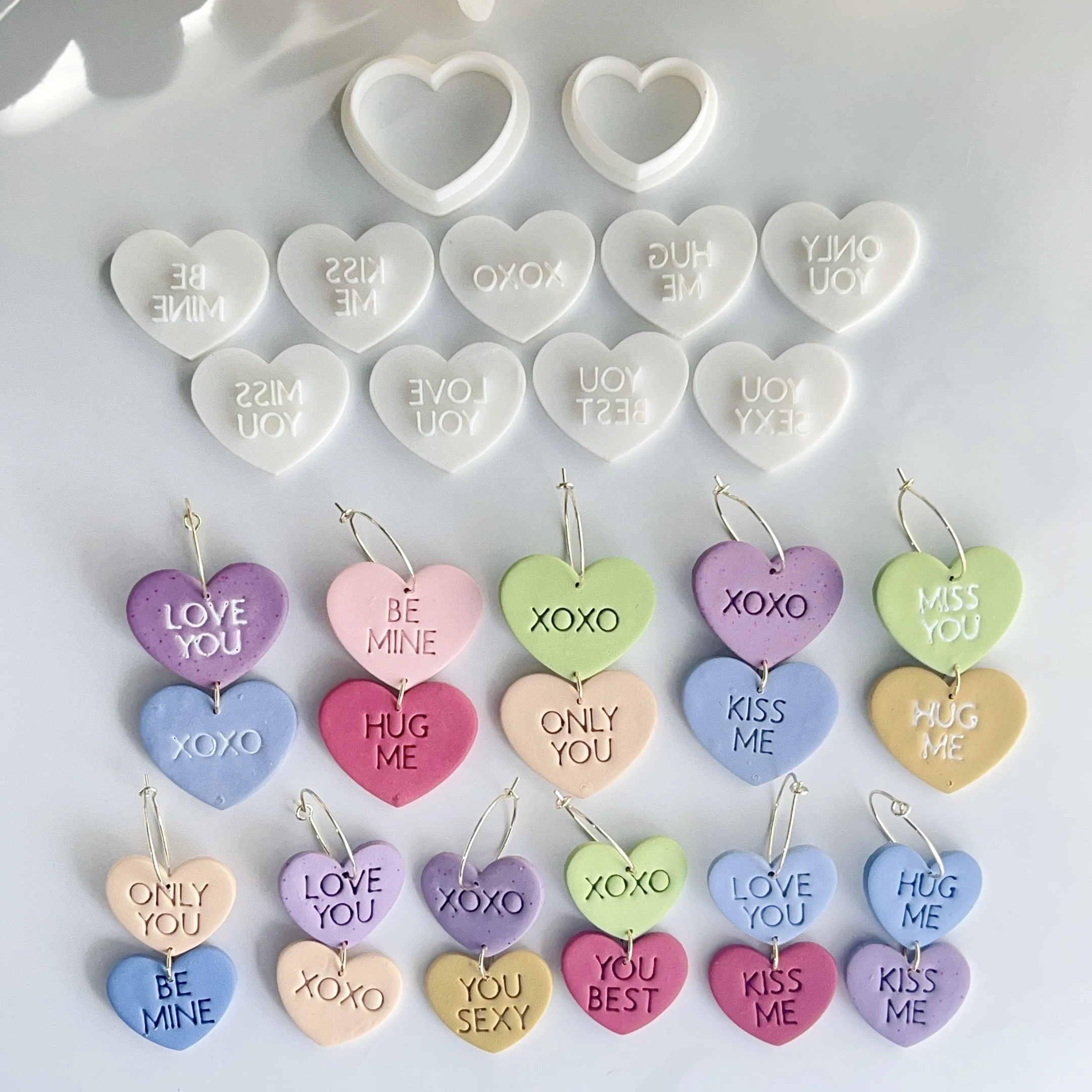 11 piece Valentine's Day shaped polymer clay earring cutter, DIY jewelry making mold with love and care phrases