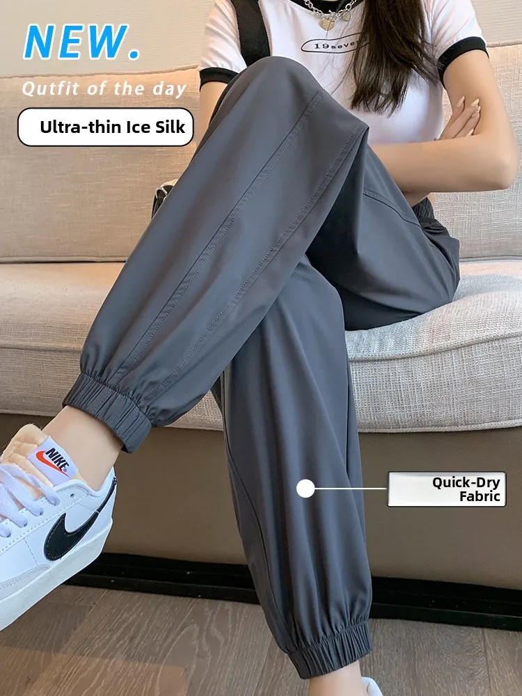 

Женские спортивные брюки из ледяного шелка с быстрым высыханием, тонкие, с высокой талией, летние, от комаров, солнцезащитные, больших размеров, дышащие, охлаждающие