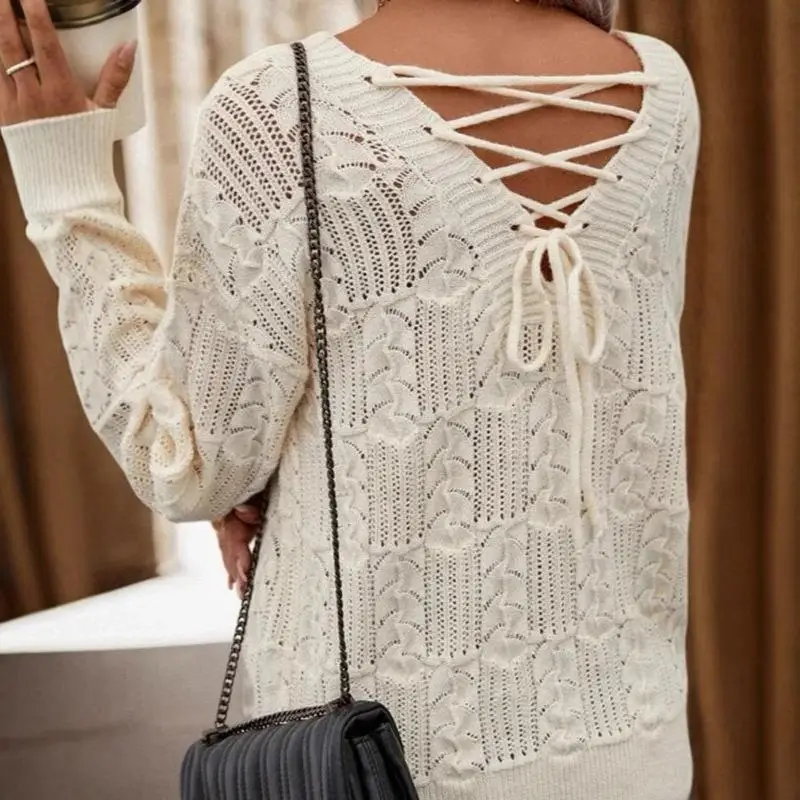 Modny damski sweter z dzianiny z paskiem, ażurowy dekolt w kształcie litery V, długi rękaw, uniwersalny, jednolity kolor.