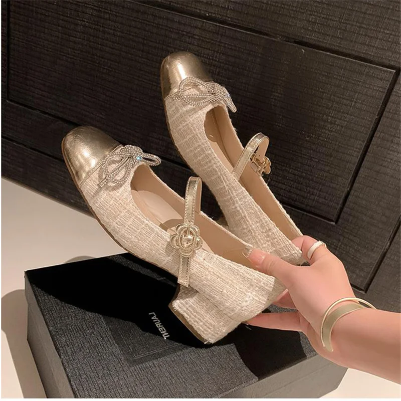 

2025 Spring New Women's Mary Jane Shoes Round Toe Chunky Heel Rhinestone Bow Flower Buckle Decoration Sweet Elegant Women Pumps