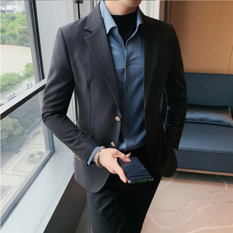 British Style Men Business Two Buttons Blazer Coat Fashion Big Collar Slim Suit Jacket Homme Formal Wedding Party Social Dress