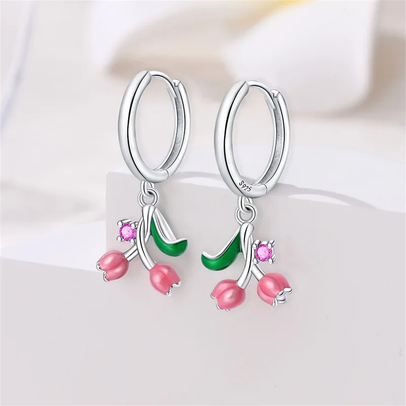 New 925 Sterling Silver Bee Butterfly Pink Lily Lotus Earrings For Women Cherry Apple Strawberry Ear Studs Elegant Party Jewelry