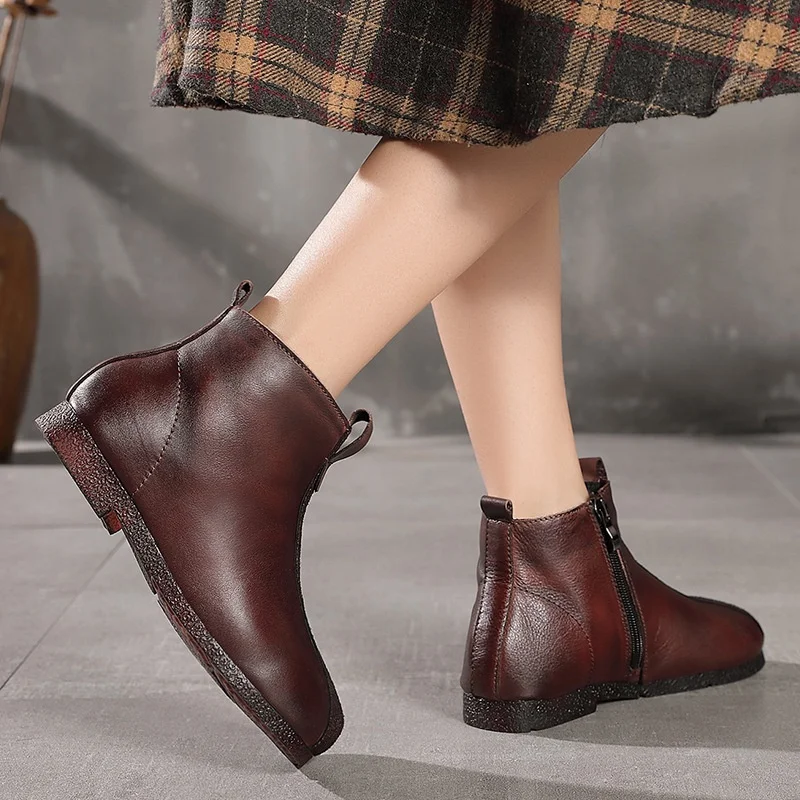 

Low-heeled soft bottom plus velvet boots autumn and winter retro leather women's shoes leather handmade leather boots female