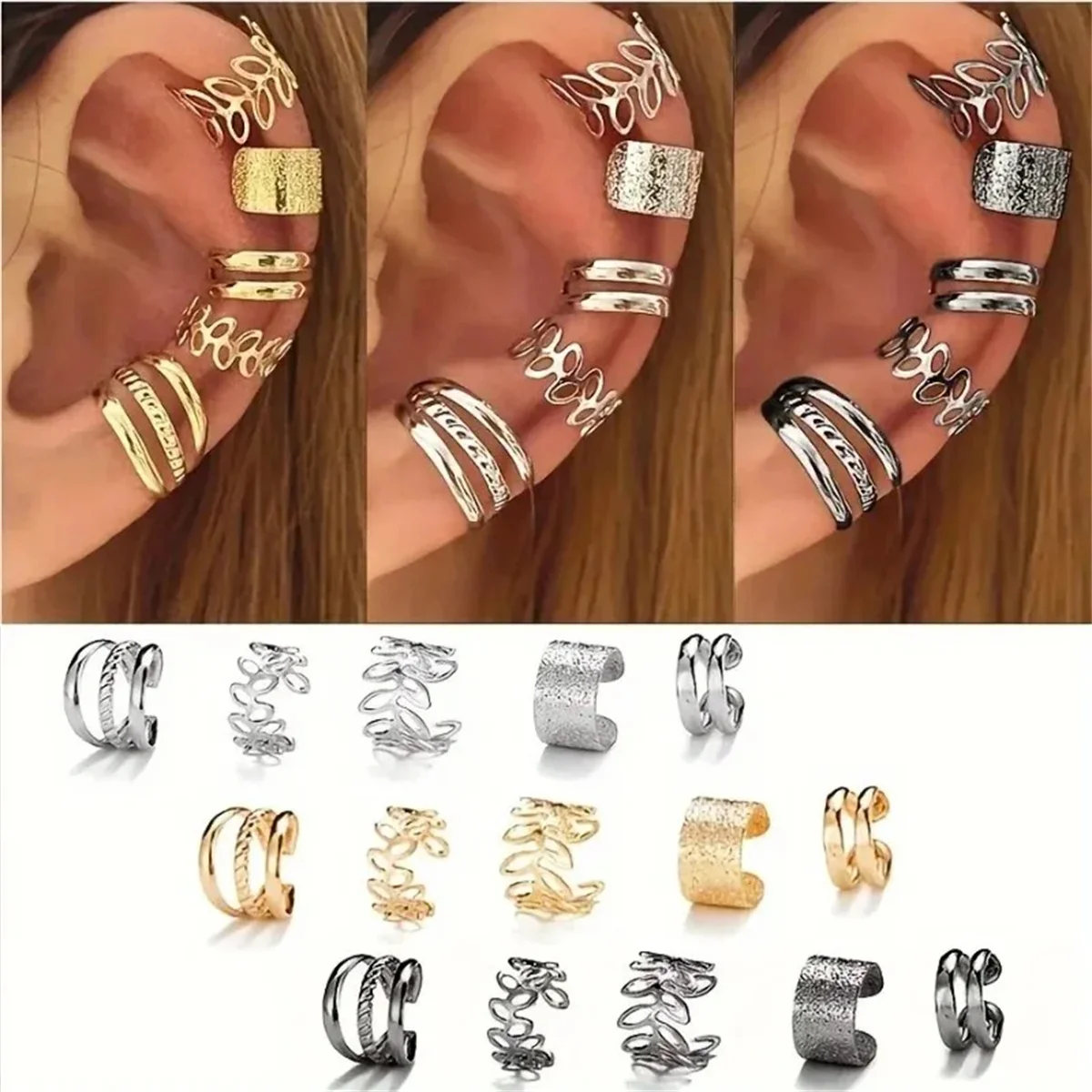 5/15Pcs Set Of Hollow Leaf Design Clip On Earrings,Zinc Alloy Jewelry Simple Sweet Personality Style Female Ear Decor Gift