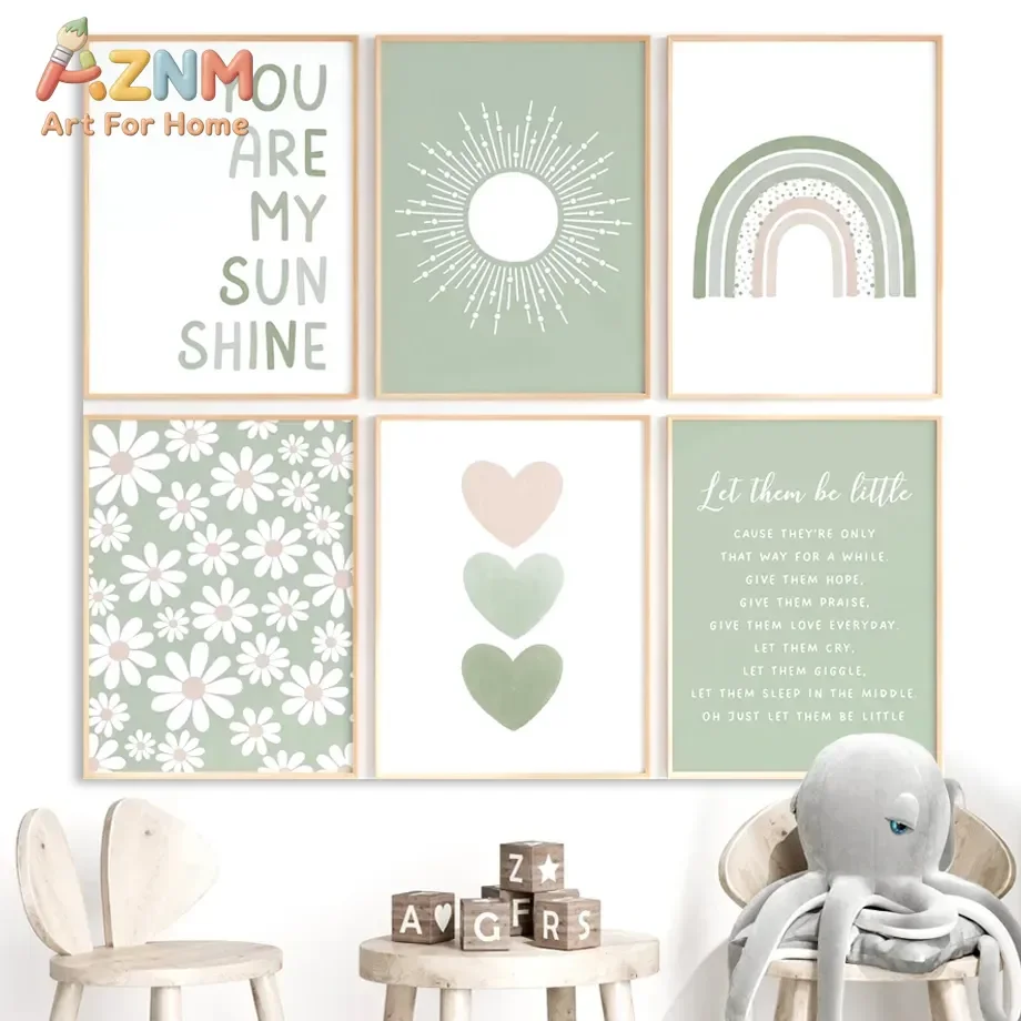 AZNM Sage Green Boho Nursery Canvas Wall Art Rainbow Sun Daisy Heart Inspirational Phrase Baby Bedroom Unframed Canvas Home Deco