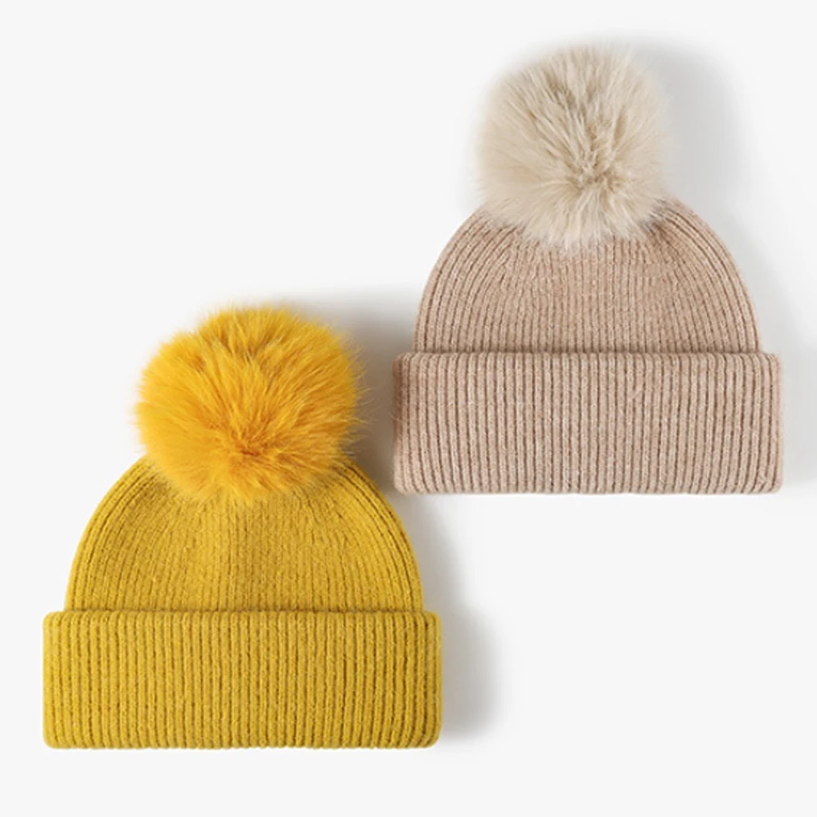 

Rabbit Fur Hats for Women Winter Autumn Knitting Beanies Cute Big Fur Pompom Solid Color Skullies Thickened Winter Hats Women