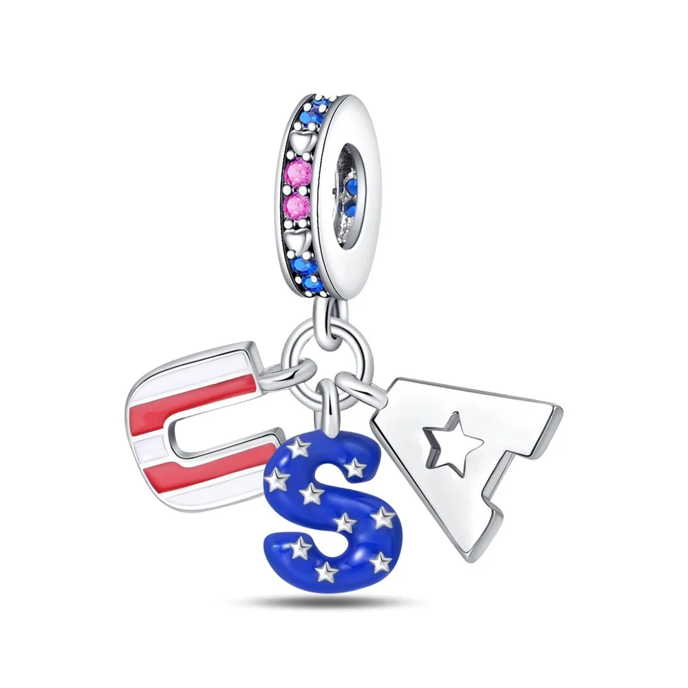 

Daily 925 Sterling Silver USA Flag Texture USA Pentagram Hollow Letter Triple Charm Fit Pandora Bracelet Women's Accessories